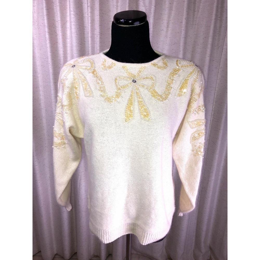 VTG Beaded Sweater WIP White Silk Nylon Angora Sequin Pearl Beading  Size L